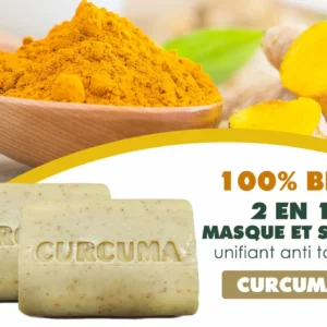 Contient 10% de Curcuma Bio. Enrichi en Huile de Coco ,en Beurre de Karité BIO et Curcuma Bio
